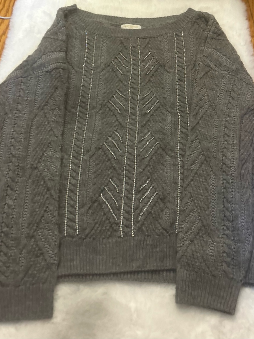 Ramy Brook Gray Cable Knit Crewneck Sweater with Metallic Accents
